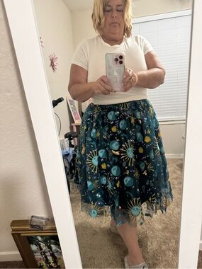 Disney Teal Planet Print Tulle Skirt with Yellow Accents